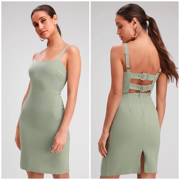 Lulus Dresses & Skirts - Lulus NWT Linen Blend Joyful Juniper Washed Olive Green Open Back Midi Dress